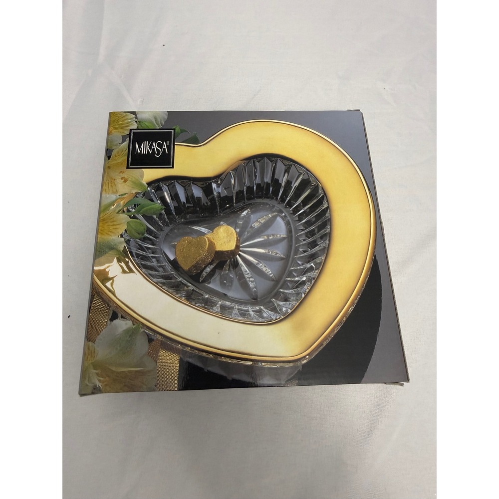 Mikasa Desire Gold Heart Dish WX151/512 Lead Crystal 24kt Gold Rim Made in Japan